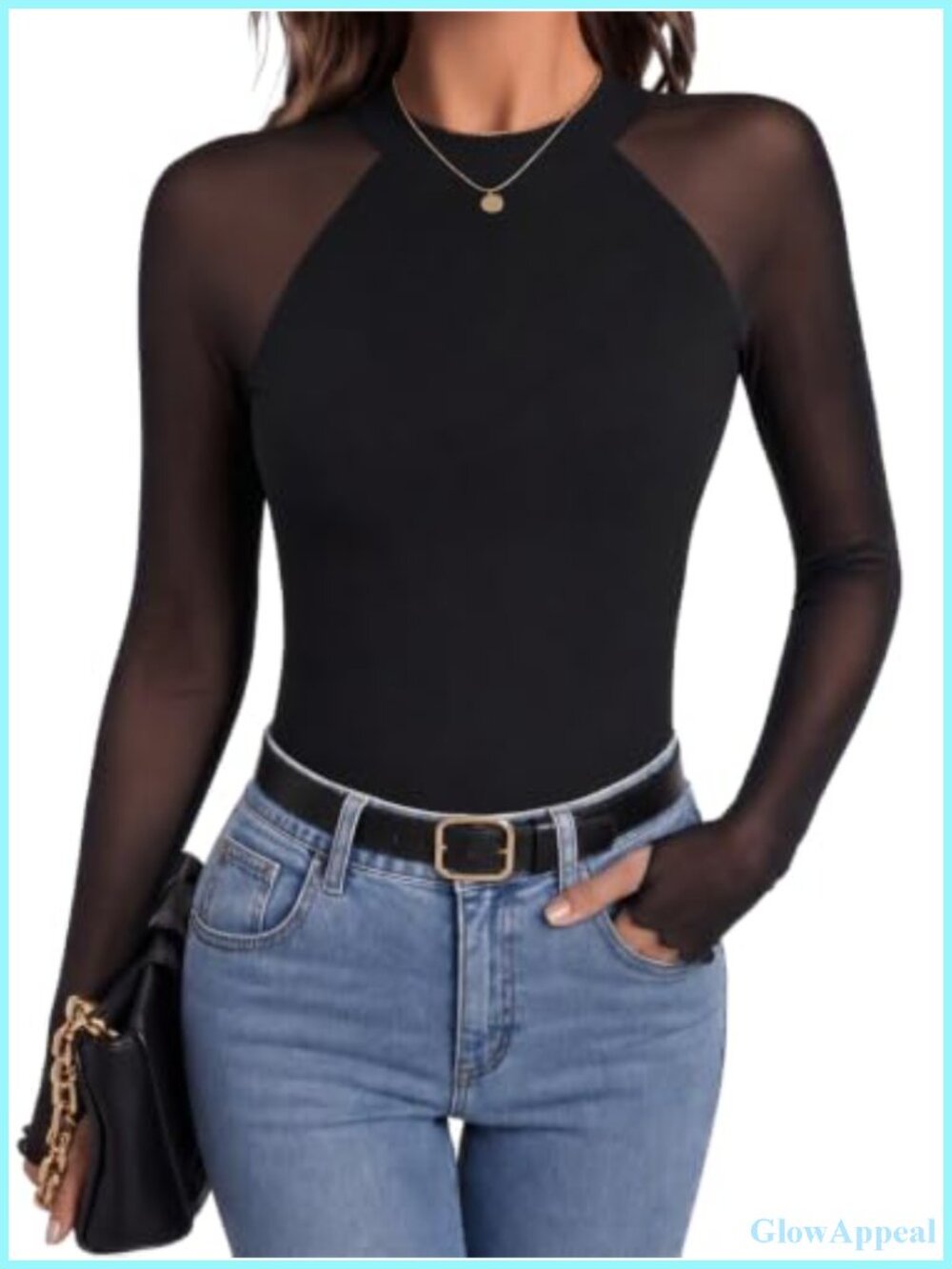 Women's Sheer Mesh Mock Neck Long Sleeve Blouse Fitted Top